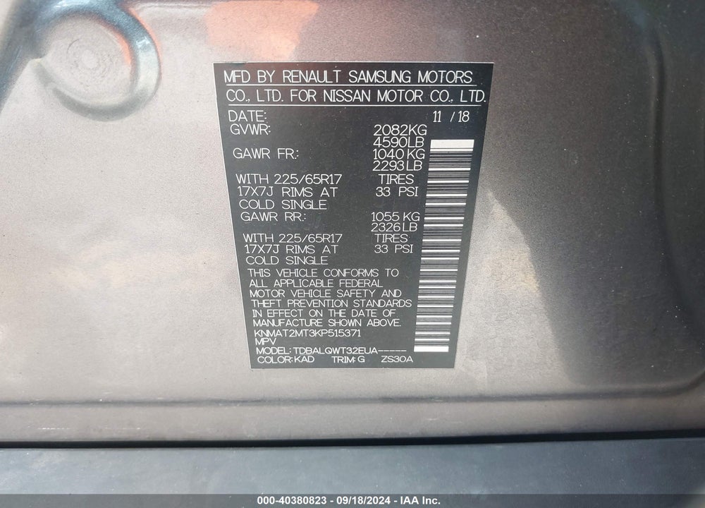 2019 NISSAN ROGUE SV VIN: KNMAT2MT3KP515371