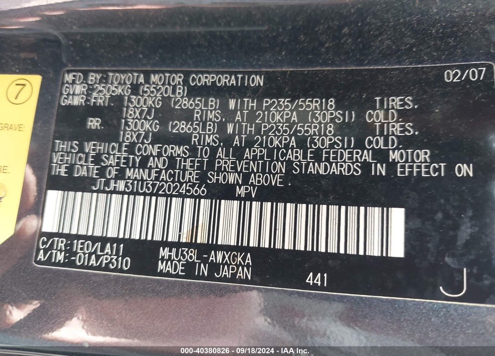 2007 LEXUS RX 400H VIN: JTJHW31U372024566
