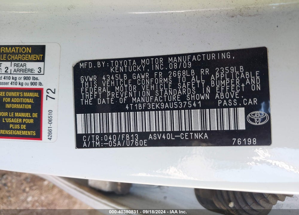 2010 TOYOTA CAMRY LE VIN: 4T1BF3EK9AU537541