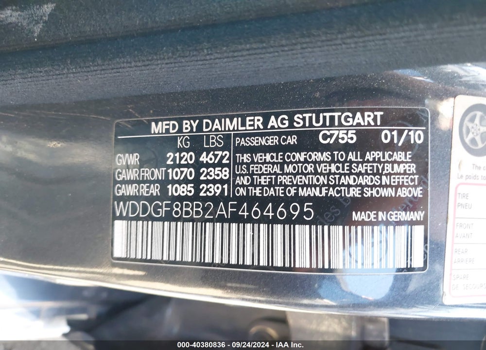 2010 MERCEDES-BENZ C 300 LUXURY 4MATIC/SPORT 4MATIC VIN: WDDGF8BB2AF464695