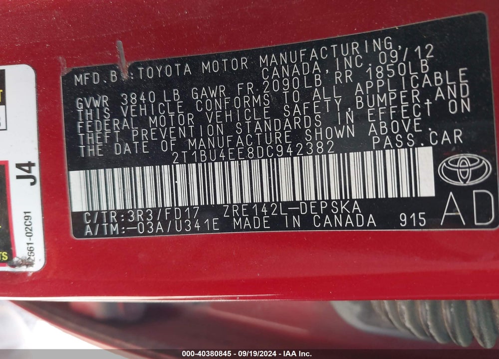 2013 TOYOTA COROLLA S VIN: 2T1BU4EE8DC942382