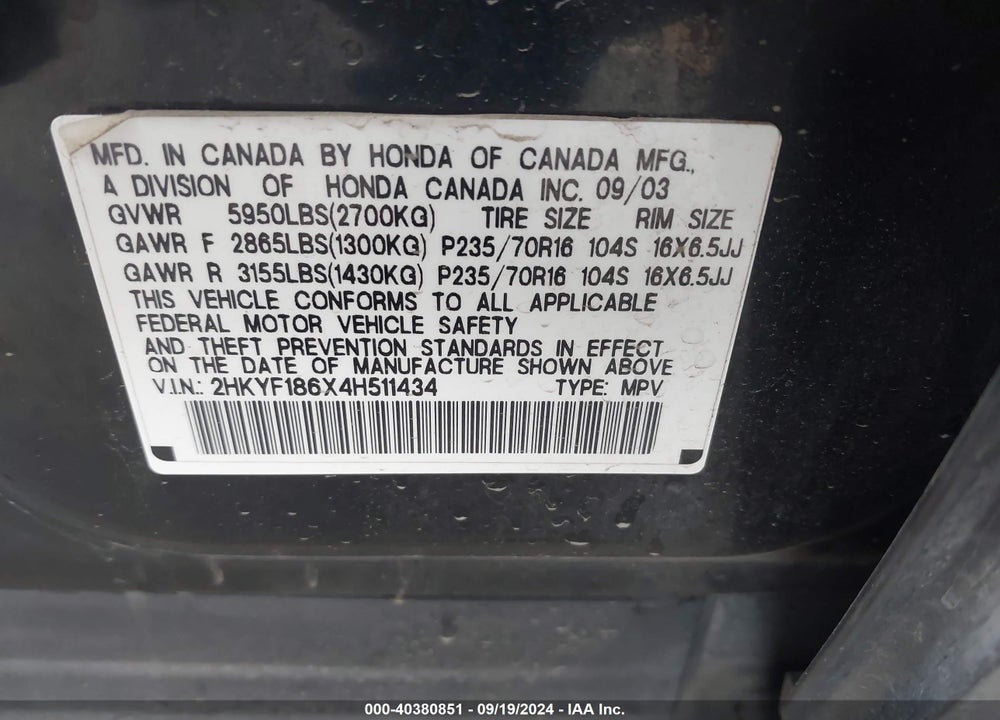 2004 HONDA PILOT EX-L VIN: 2HKYF186X4H511434