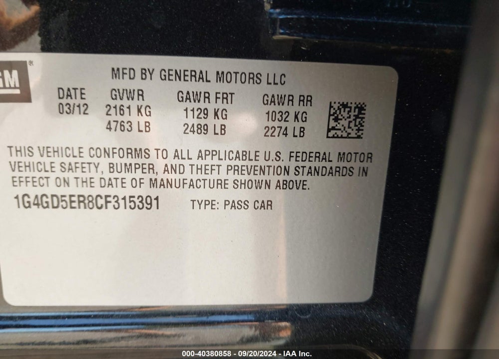 2012 BUICK LACROSSE PREMIUM 1 GROUP VIN: 1G4GD5ER8CF315391