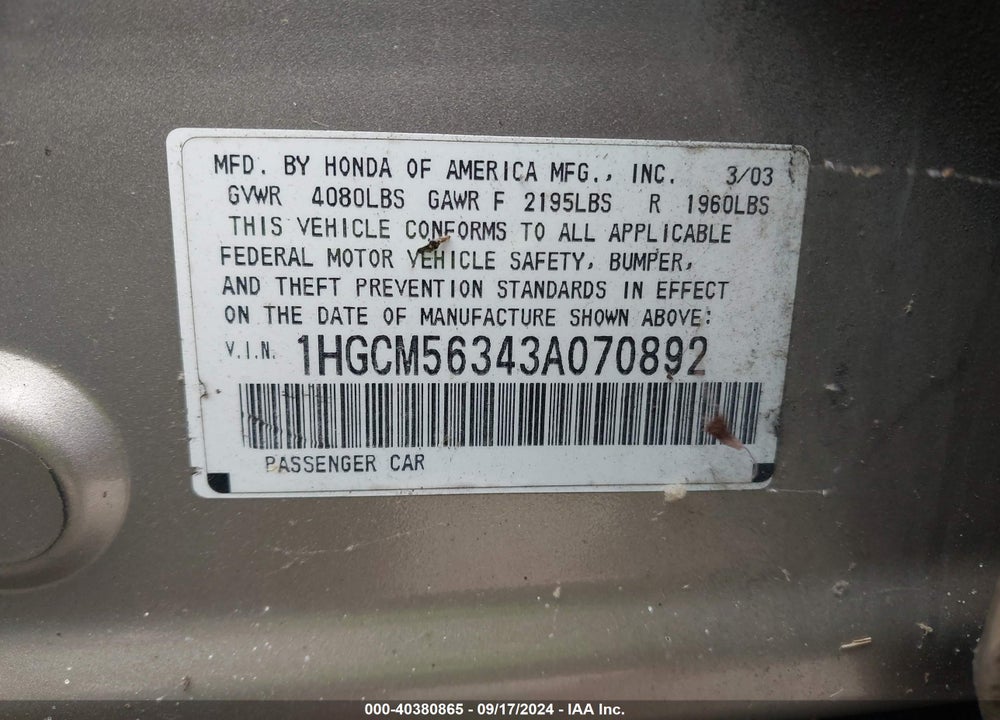 2003 HONDA ACCORD 2.4 LX VIN: 1HGCM56343A070892