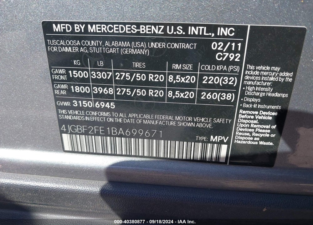 2011 MERCEDES-BENZ GL 350 BLUETEC 4MATIC VIN: 4JGBF2FE1BA699671