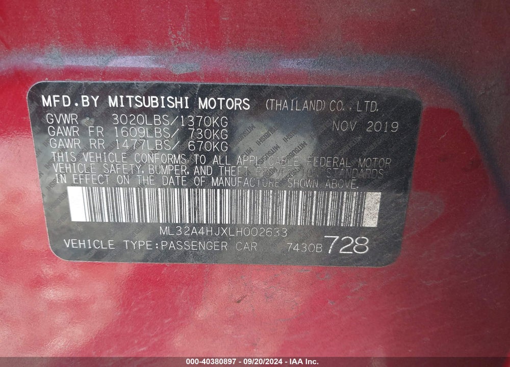 2020 MITSUBISHI MIRAGE SE VIN: ML32A4HJXLH002633