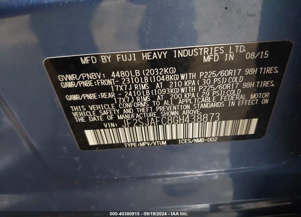 2016 SUBARU FORESTER 2.5I PREMIUM VIN: JF2SJAFC8GH438873