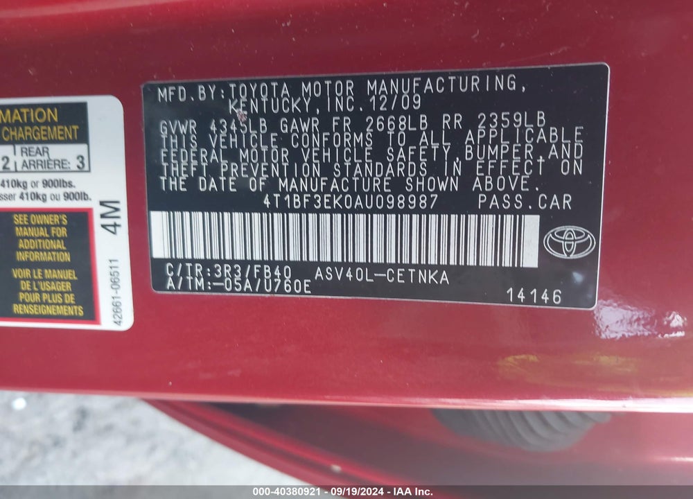 2010 TOYOTA CAMRY LE VIN: 4T1BF3EK0AU098987