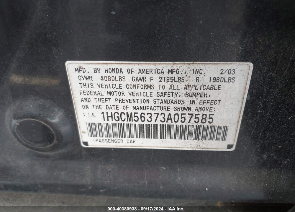 2003 HONDA ACCORD 2.4 LX VIN: 1HGCM56373A057585