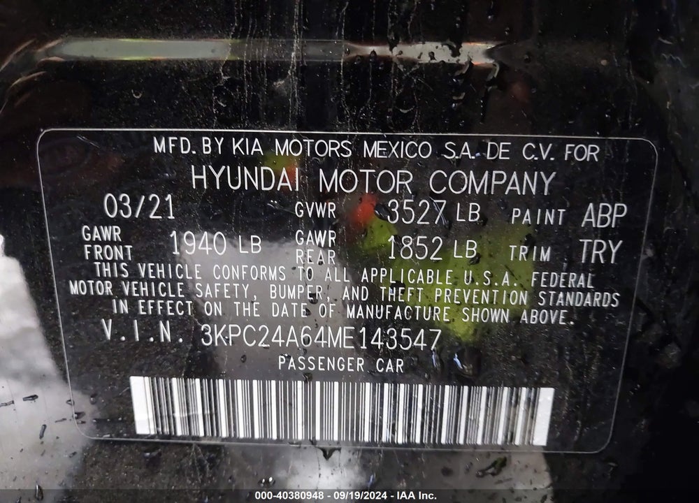 2021 HYUNDAI ACCENT SE VIN: 3KPC24A64ME143547