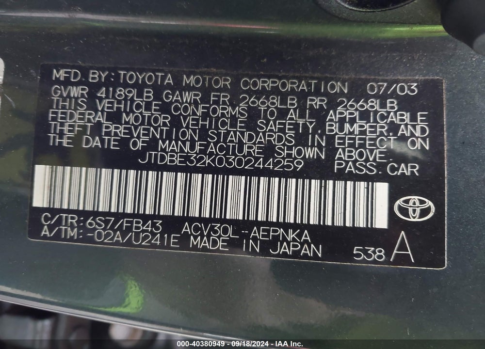 2003 TOYOTA CAMRY LE VIN: JTDBE32K030244259