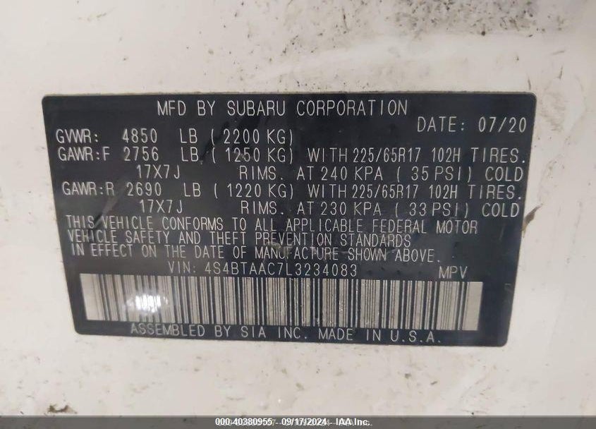 2020 SUBARU OUTBACK VIN: 4S4BTAAC7L3234083