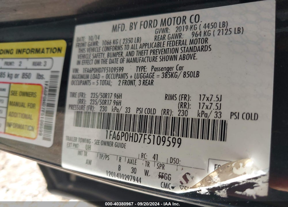 2015 FORD FUSION VIN: 1FA6P0HD7F5109599