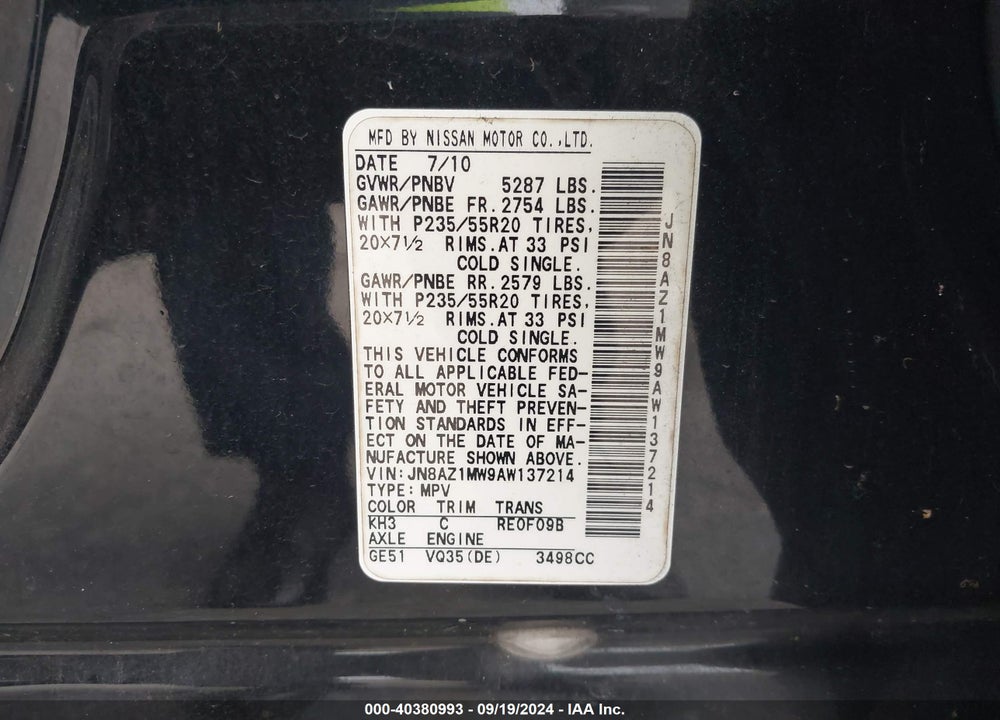 2010 NISSAN MURANO LE VIN: JN8AZ1MW9AW137214