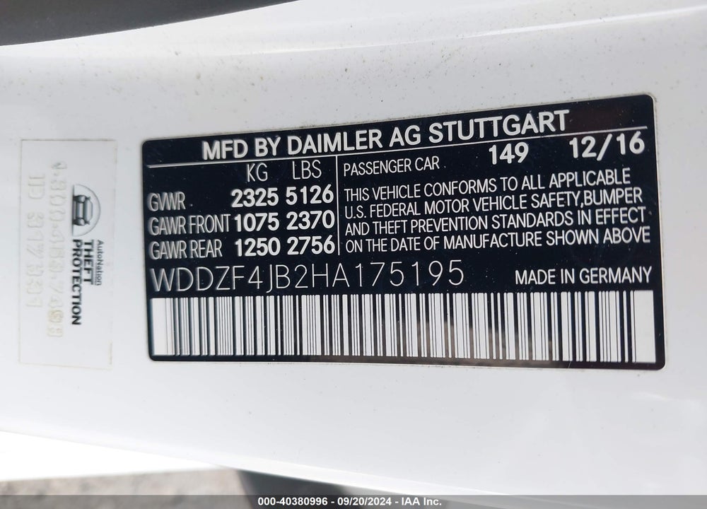 2017 MERCEDES-BENZ E 300 VIN: WDDZF4JB2HA175195
