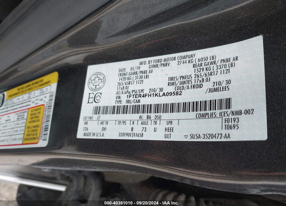 2019 FORD RANGER LARIAT VIN: 1FTER4FH1KLA09582