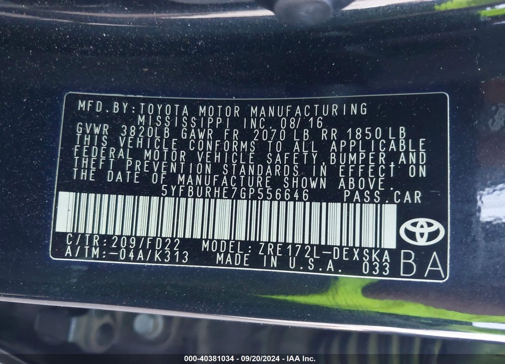 2016 TOYOTA COROLLA VIN: 5YFBURHE7GP556646
