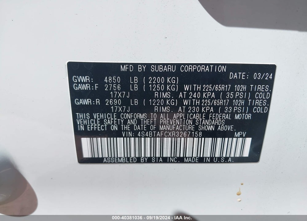 2024 SUBARU OUTBACK PREMIUM VIN: 4S4BTAFCXR3267158
