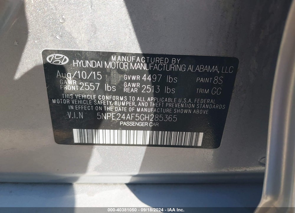 2016 HYUNDAI SONATA SE VIN: 5NPE24AF5GH285365