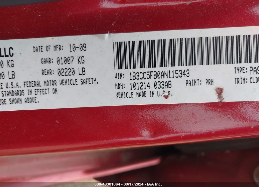 2010 DODGE AVENGER R/T VIN: 1B3CC5FB0AN115343