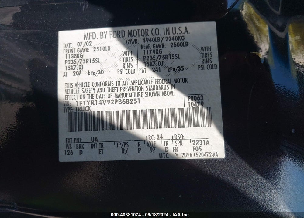2002 FORD RANGER EDGE/TREMOR/XL/XLT VIN: 1FTYR14V92PB68251