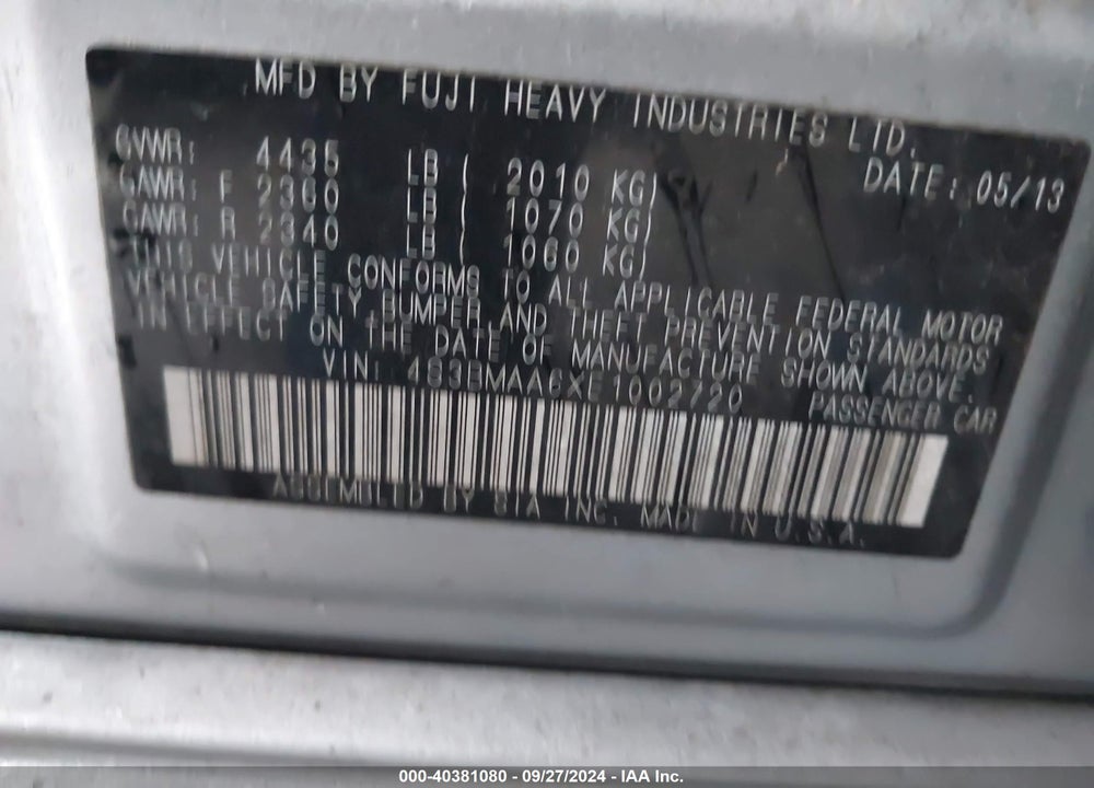 2014 SUBARU LEGACY 2.5I VIN: 4S3BMAA6XE1002720