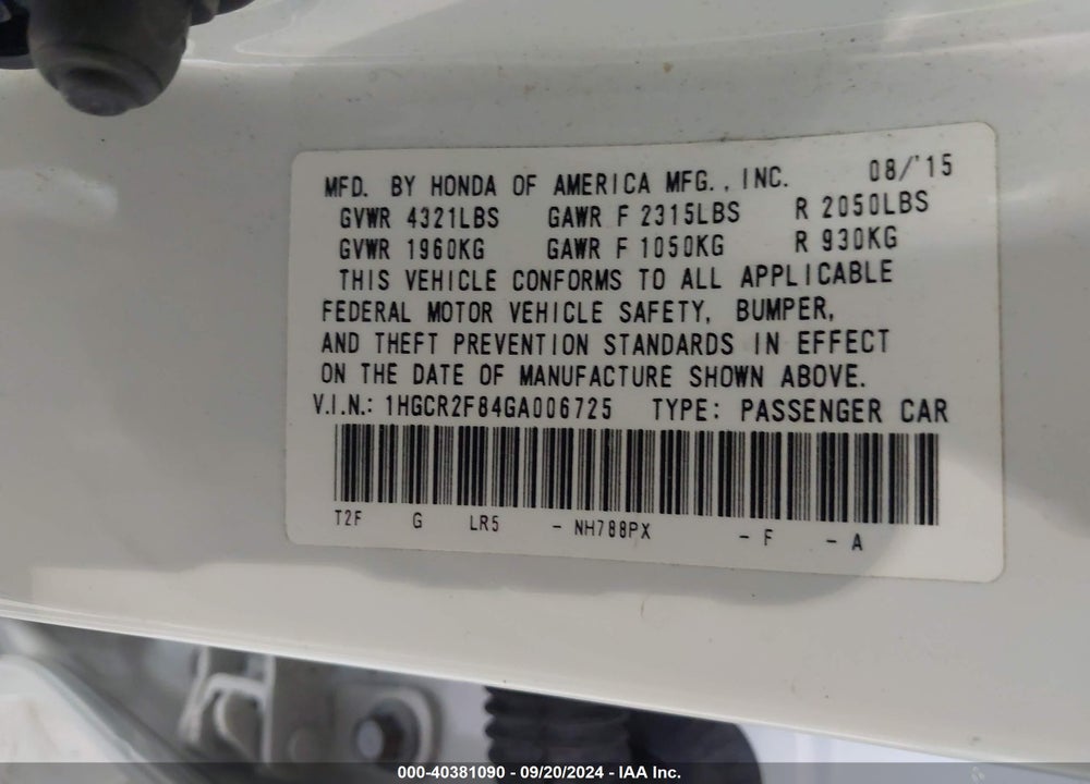2016 HONDA ACCORD EX-L VIN: 1HGCR2F84GA006725