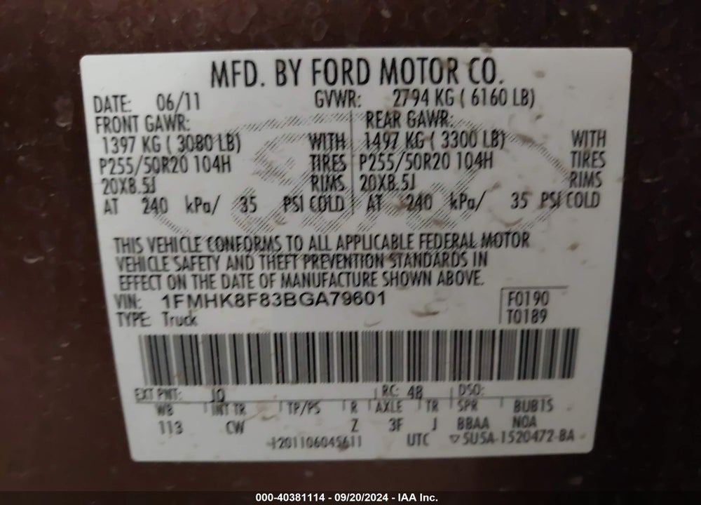 2011 FORD EXPLORER LIMITED VIN: 1FMHK8F83BGA79601