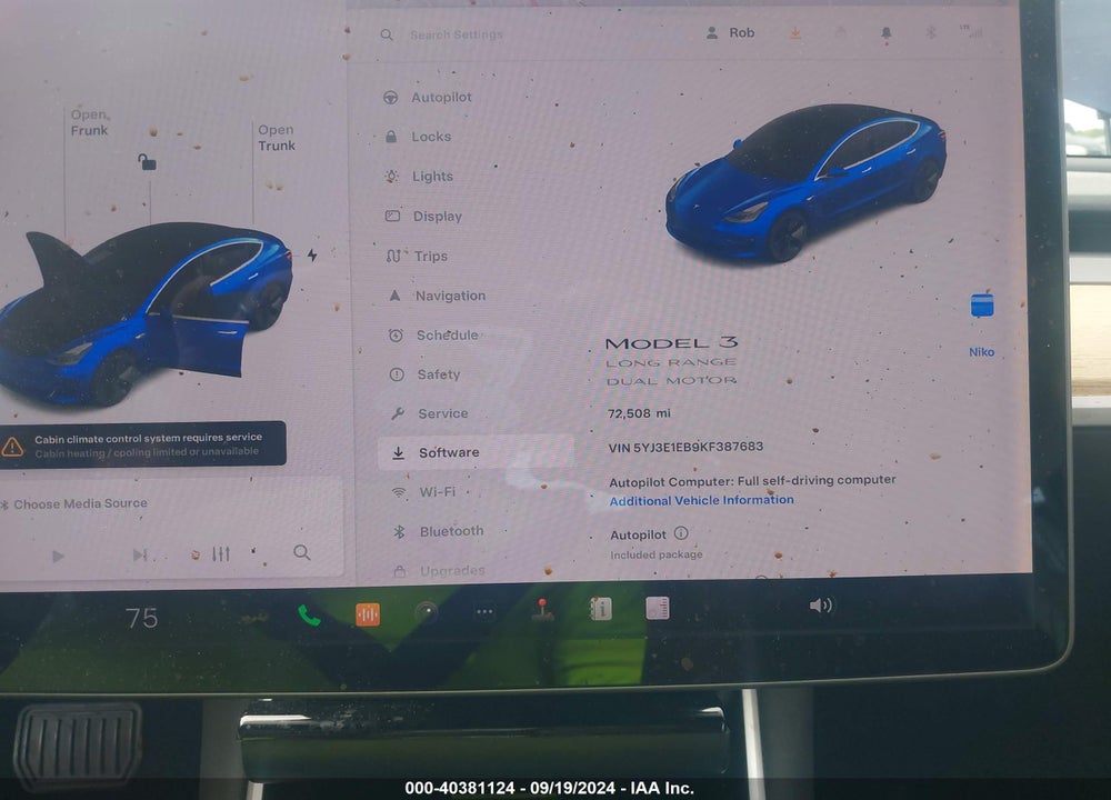2019 TESLA MODEL 3 LONG RANGE/PERFORMANCE VIN: 5YJ3E1EB9KF387683