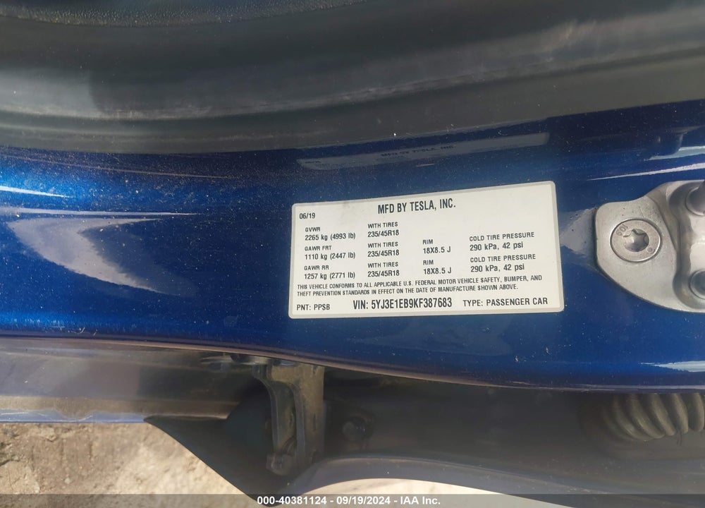 2019 TESLA MODEL 3 LONG RANGE/PERFORMANCE VIN: 5YJ3E1EB9KF387683