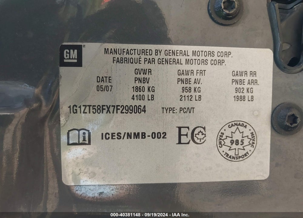 2007 CHEVROLET MALIBU LT VIN: 1G1ZT58FX7F299064