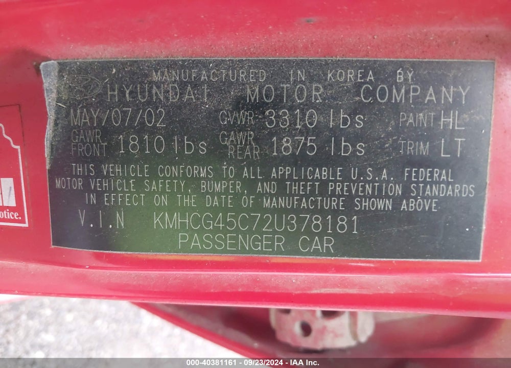 2002 HYUNDAI ACCENT GL VIN: KMHCG45C72U378181
