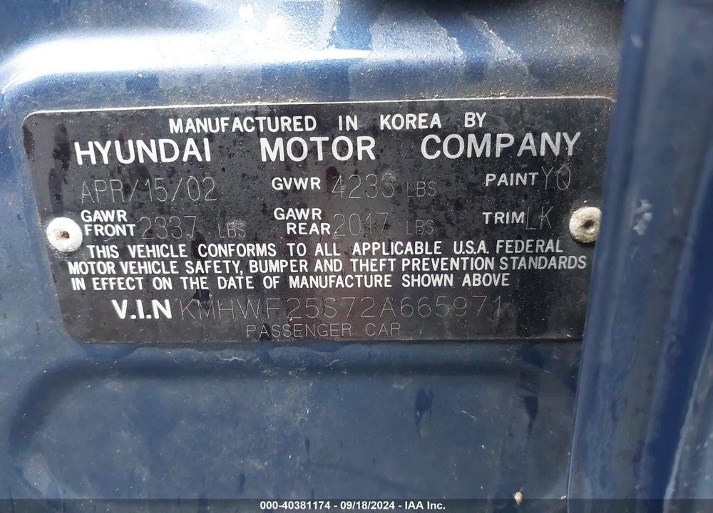 2002 HYUNDAI SONATA VIN: KMHWF25S72A665971