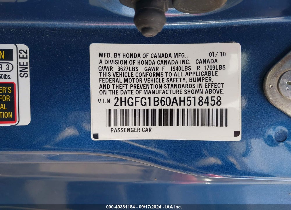 2010 HONDA CIVIC LX VIN: 2HGFG1B60AH518458