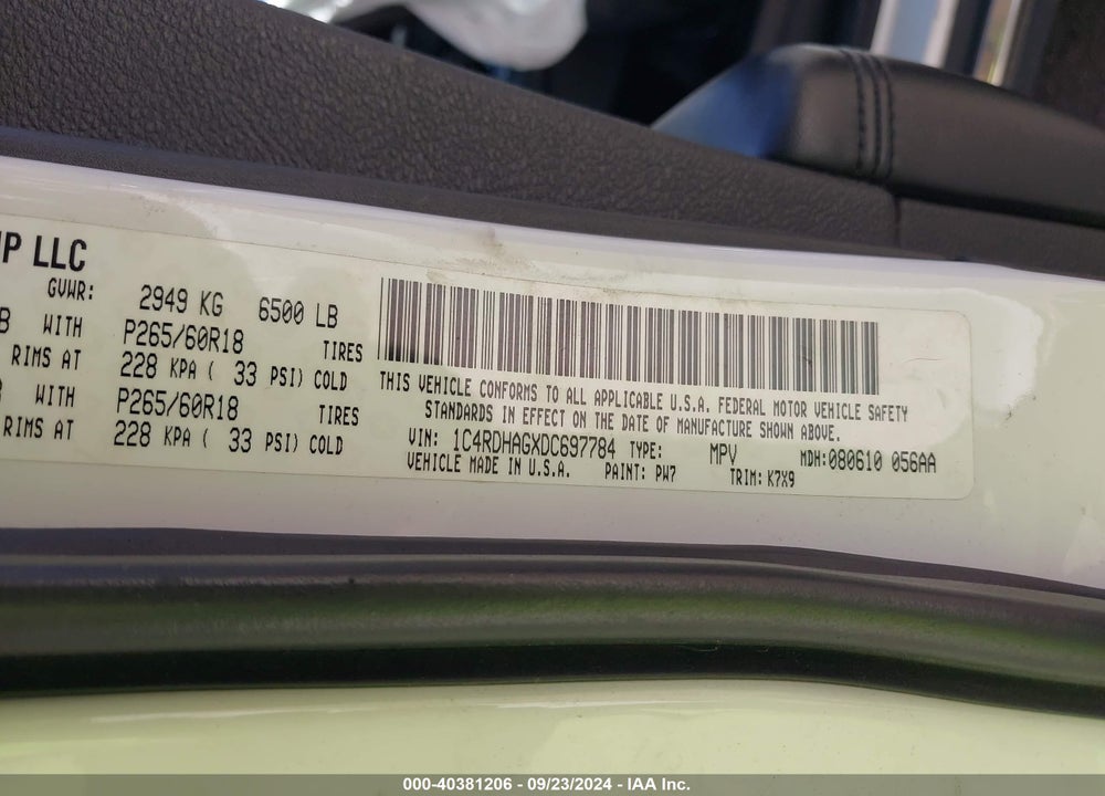 2013 DODGE DURANGO SXT VIN: 1C4RDHAGXDC697784