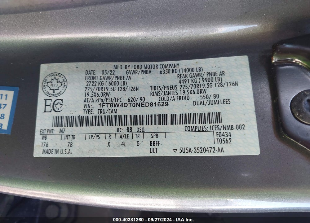 2022 FORD F-450 PLATINUM VIN: 1FT8W4DT0NED81629