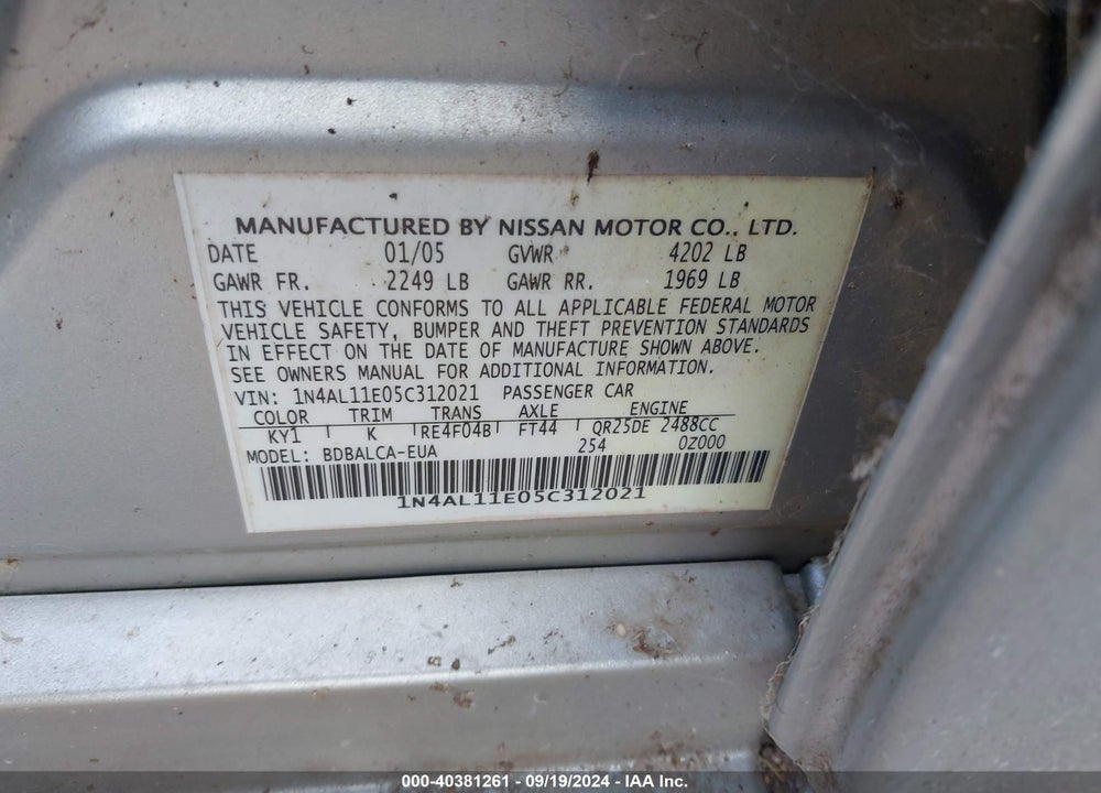 2005 NISSAN ALTIMA 2.5 S VIN: 1N4AL11E05C312021