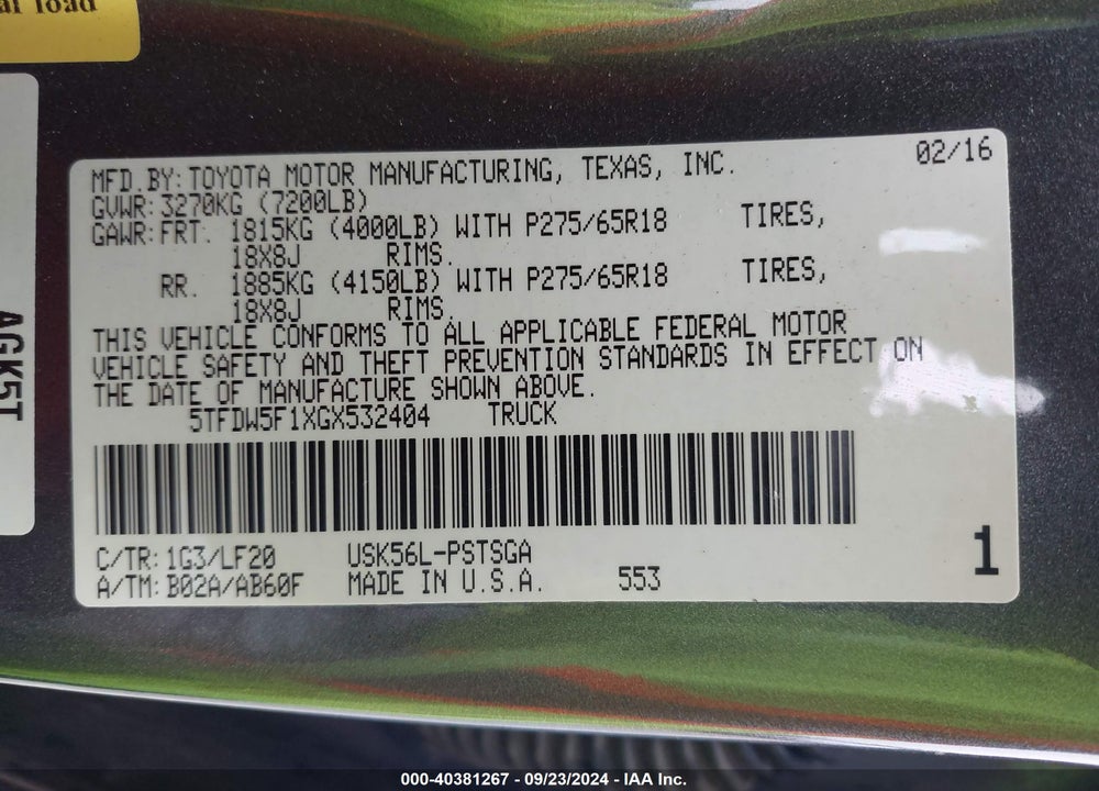 2016 TOYOTA TUNDRA TRD PRO 5.7L V8 VIN: 5TFDW5F1XGX532404