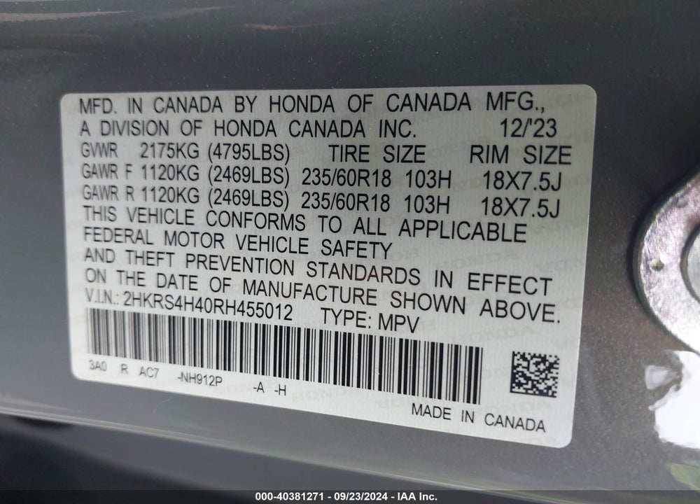 2024 HONDA CR-V EX AWD VIN: 2HKRS4H40RH455012