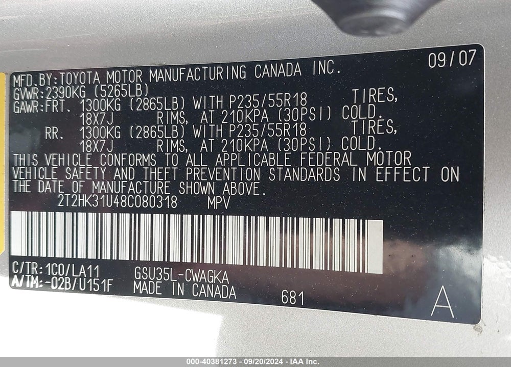 2008 LEXUS RX 350 VIN: 2T2HK31U48C080318