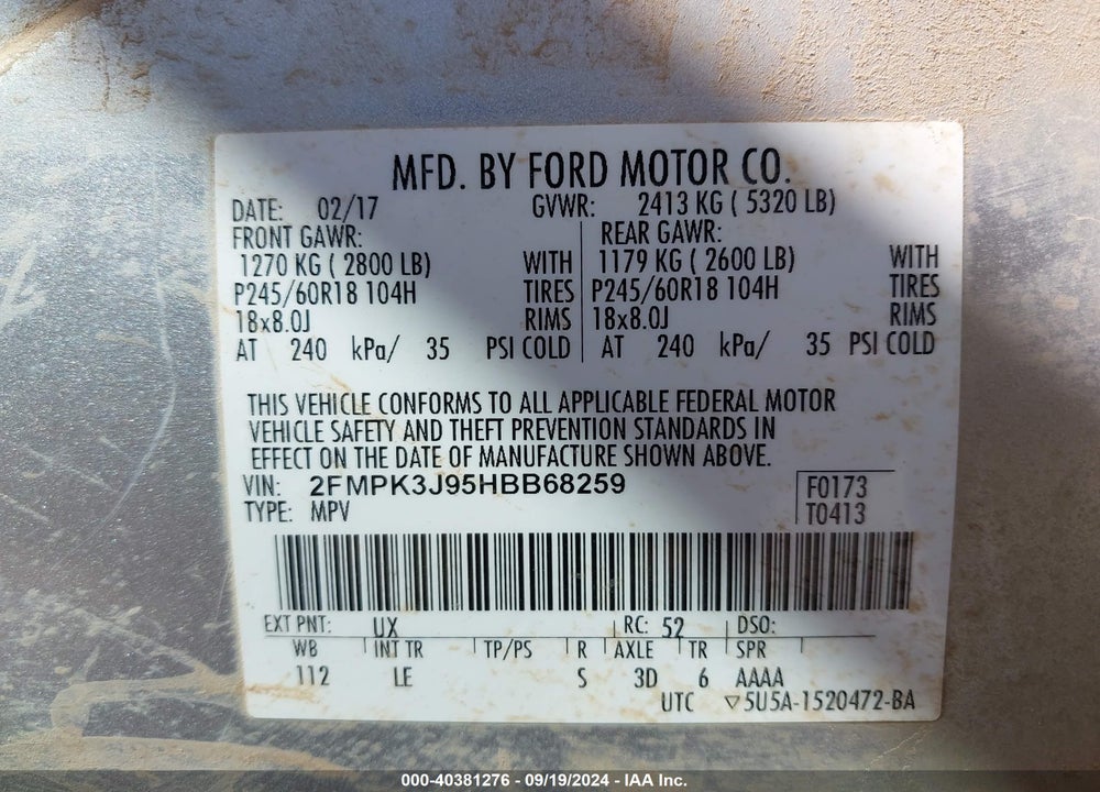 2017 FORD EDGE SEL VIN: 2FMPK3J95HBB68259