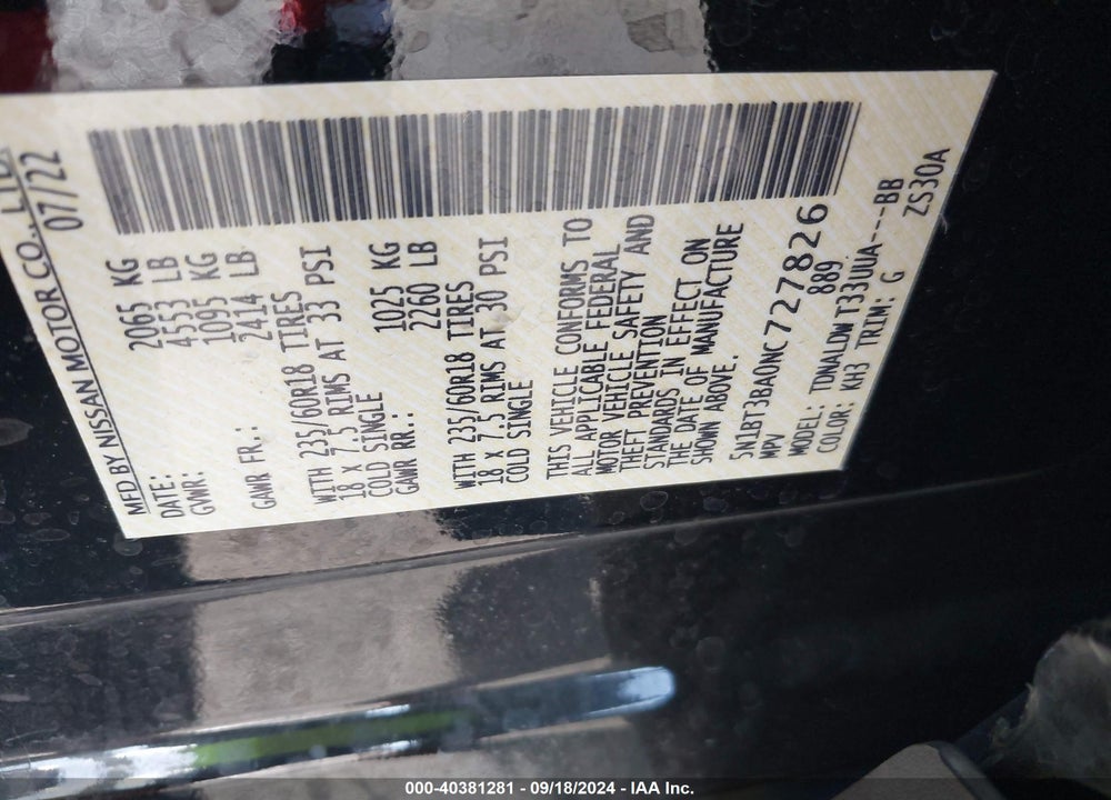 2022 NISSAN ROGUE VIN: 5N1BT3BA0NC727826