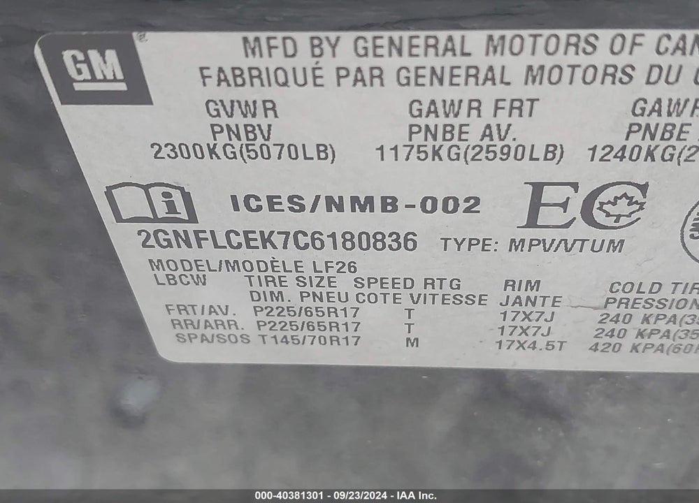 2012 CHEVROLET EQUINOX LS VIN: 2GNFLCEK7C6180836