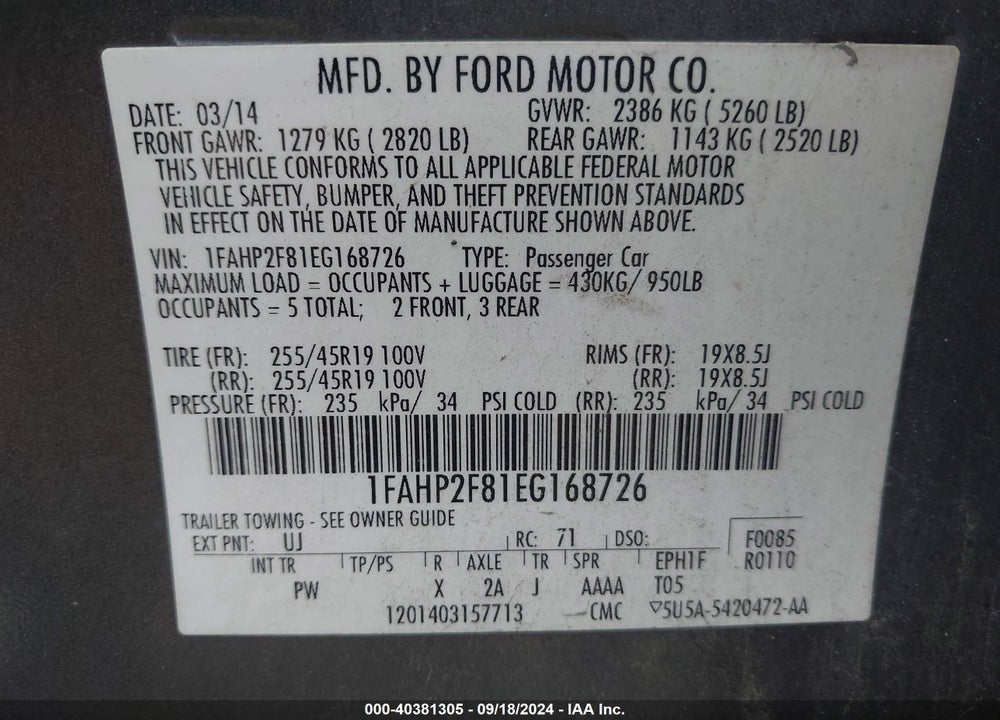 2014 FORD TAURUS LIMITED VIN: 1FAHP2F81EG168726