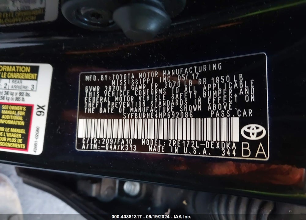 2017 TOYOTA COROLLA L VIN: 5YFBURHE4HP692086