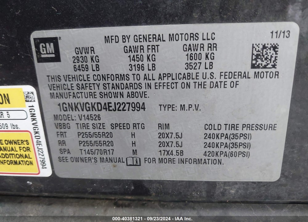 2014 CHEVROLET TRAVERSE 1LT VIN: 1GNKVGKD4EJ227994