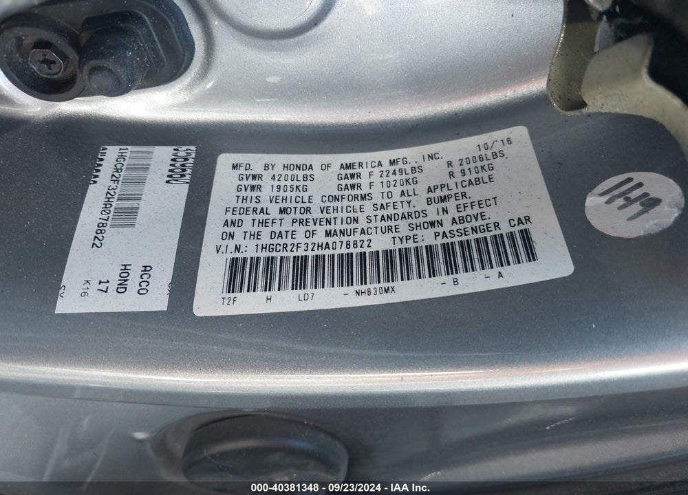 2017 HONDA ACCORD LX VIN: 1HGCR2F32HA078822