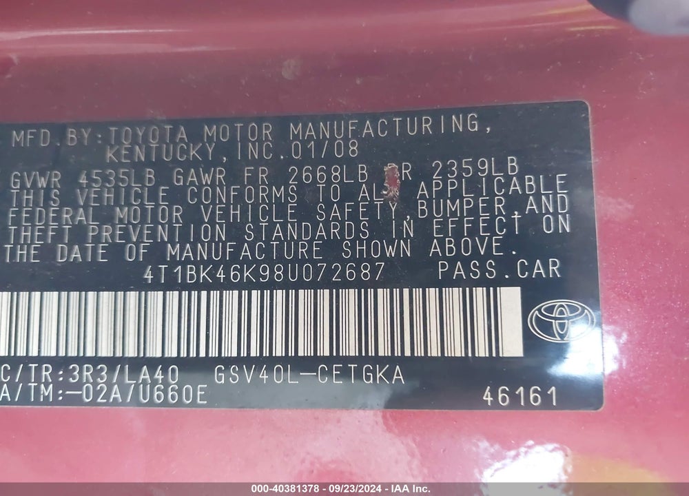 2008 TOYOTA CAMRY XLE V6 VIN: 4T1BK46K98U072687
