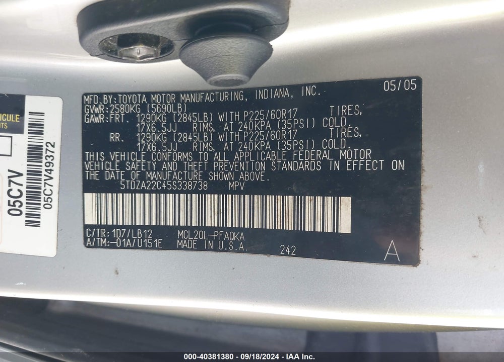 2005 TOYOTA SIENNA XLE VIN: 5TDZA22C45S338738