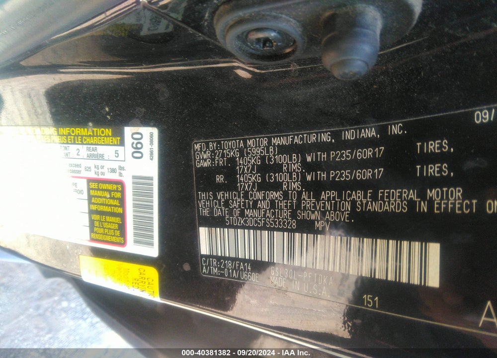 2015 TOYOTA SIENNA L 7 PASSENGER VIN: 5TDZK3DC5FS533328